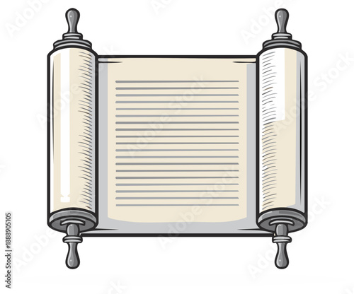 Ancient religious scroll illustration with open parchment manuscript and text