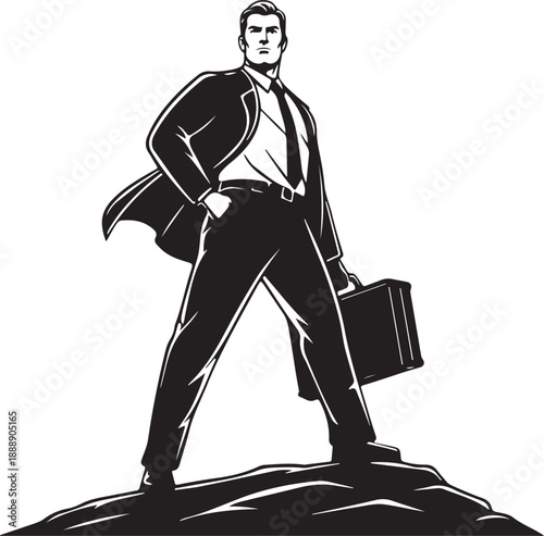 Confident Businessman Hero Standing Tall with Briefcase - Comic Vector Art