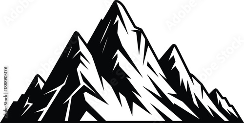 Black and white mountain silhouette illustration, sharp alpine peaks landscape icon, outdoor adventure nature logo design isolated on white background for travel.