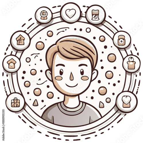 Cheerful person surrounded by abstract icons representing life goals aspirations and personal wellbeing concepts