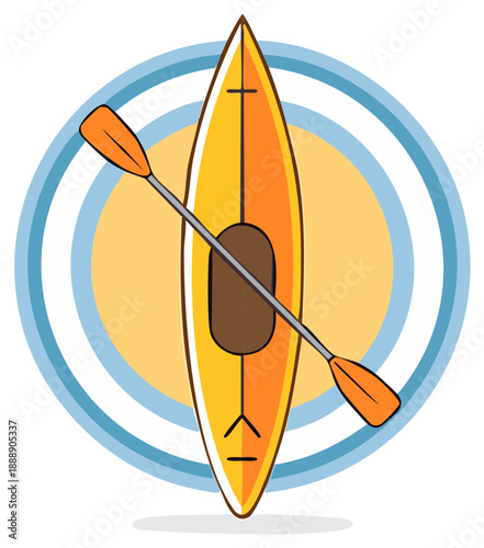 Bright Yellow Kayak with Paddle in a Circular Vector Design Element