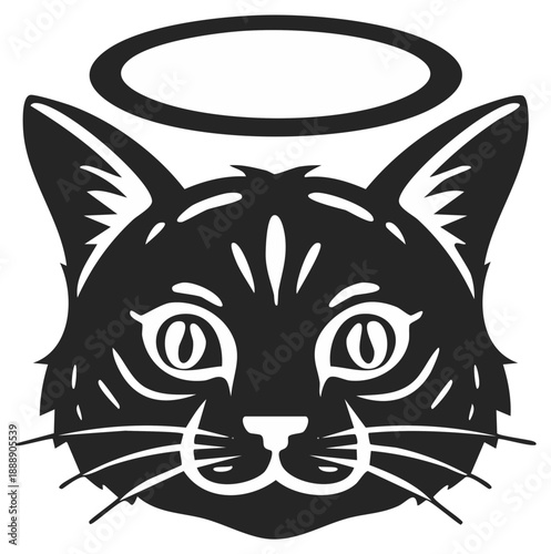 Angel Cat Illustration A black cat with halo above head in a minimalist vector design