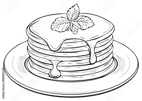 A hand drawn sketch illustration of a stack of pancakes with dripping syrup and mint leaves on a plate
