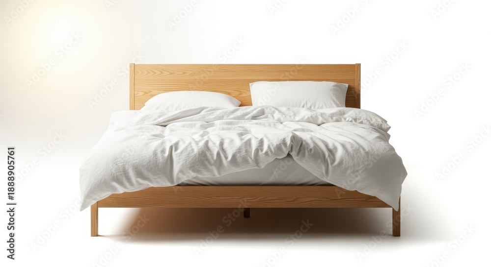 Obraz premium Minimalist light wood bed with white duvet and pillows on white background