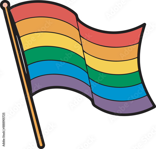 Waving rainbow pride flag vector illustration on flagpole.