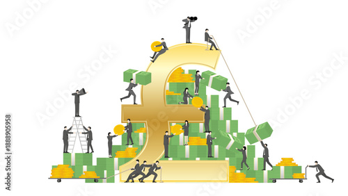 British Pound Sterling Financial Growth Concept, Group of Tiny Business People Working Together on Giant Pound Sign with Stacks of Money and Gold Coins