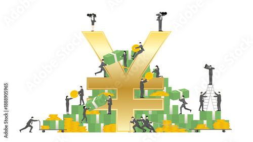 Japanese Yen Currency and Financial Growth Concept, Business Team Working Together on Giant Gold Yen Symbol with Stacks of Banknotes and Coins