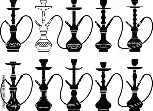 Hookah silhouette icon set with traditional shisha water pipes, black and white oriental smoking lounge symbols collection isolated on white background.