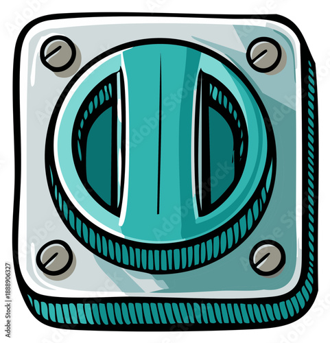 Retro Teal and Gray Circular Device with Screws Cartoon Illustration
