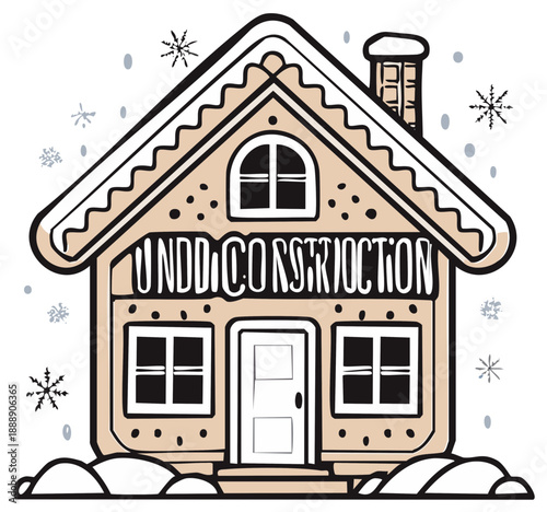 Gingerbread house under construction with snowflakes and chimney, Christmas holiday concept.