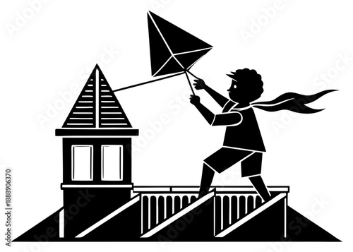 Child flying kite on rooftop isolated on transparent background