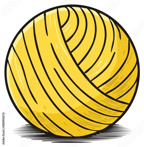 Bright yellow ball of yarn, hand-drawn illustration, craft supply