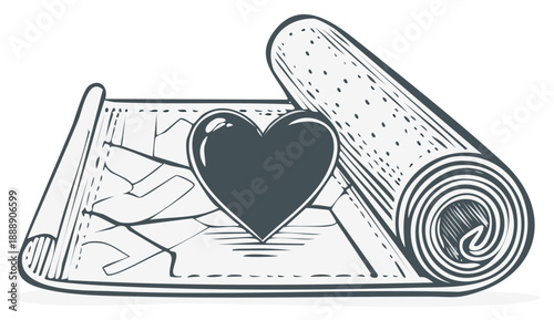 Stylized illustration of a heart on top of a cracked surface and rolled-up object hinting at love and resilience concept