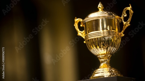 trophy. Gold cup trophy on a pedestal, elegantly lit with soft overhead lighting against a refined background. event key visuals.

