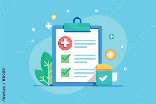 Vector medical checklist concept with clipboard and pills