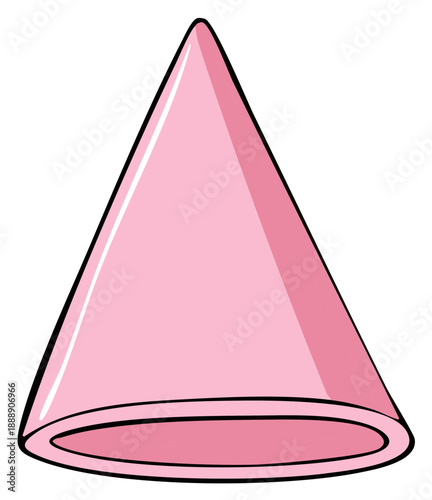 Pink cone shape in simple cartoon style. Three dimensional geometric figure with outline illustration.