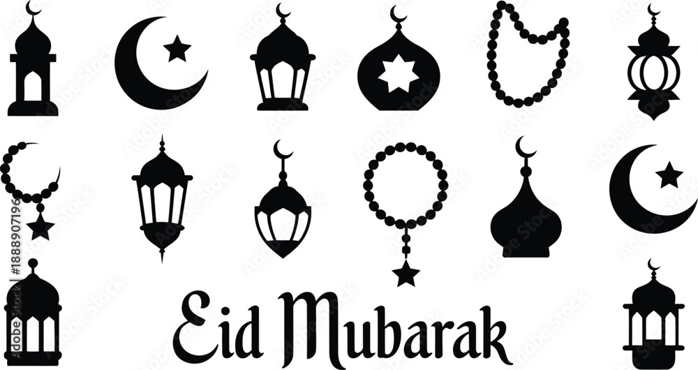 Naklejka premium Eid Mubarak greeting with Islamic symbols and silhouettes of mosques and lanterns isolated on transparent background silhouette design.