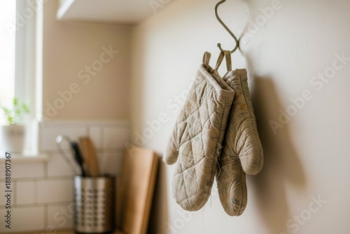 Cozy Kitchen Detail: Beige Quilted Oven Mitts Hanging in Warm Lighting Setting