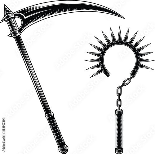 Vintage black and white illustration of medieval weapon set featuring scythe and spiked flail, gothic battle equipment design for fantasy, horror, and warrior themes.