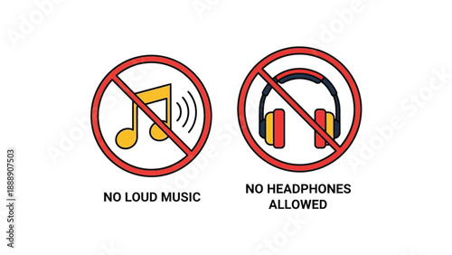 Clear graphic illustration showing a universally recognized prohibition sign against playing loud music and the explicit ban on wearing headphones in a designated quiet zone area