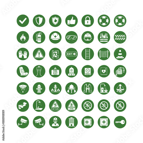 A comprehensive grid of green circular icons representing various safety, security, and emergency services, including fire protection, personal protective eq...