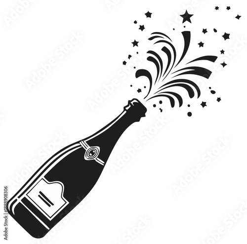 Champagne bottle opening explosion with stars and celebration
