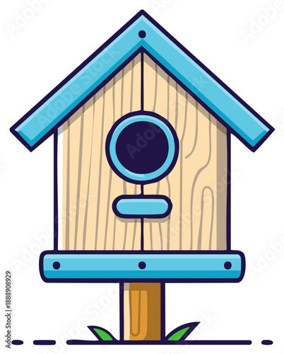 Cartoon wood birdhouse with blue trim features round entrance, grass and wood support, vector art