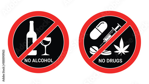 Two essential warning prohibition signs indicating no alcohol consumption and no illegal drugs use displayed prominently