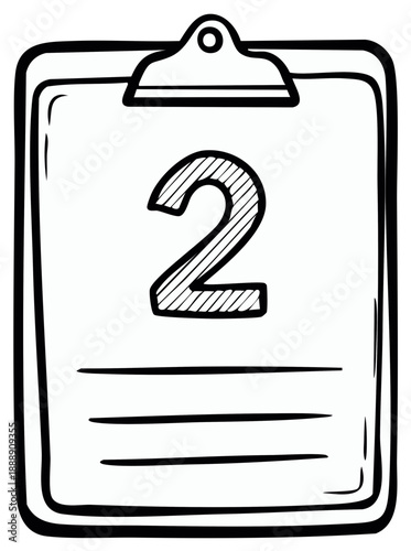 Outline doodle of a clipboard holding a paper with a large number two and text lines