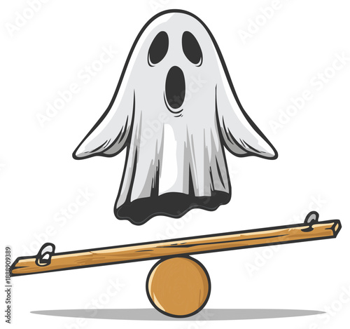 Cartoon ghost balanced on a wooden seesaw, playful Halloween concept
