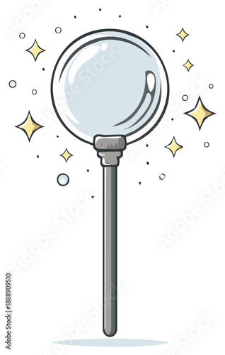 Whimsical magnifying glass with sparkling stars and light effects