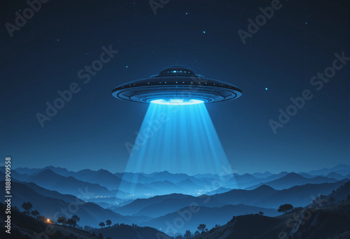 Futuristic UFO Concept Over Mountains at Night with Copy Space