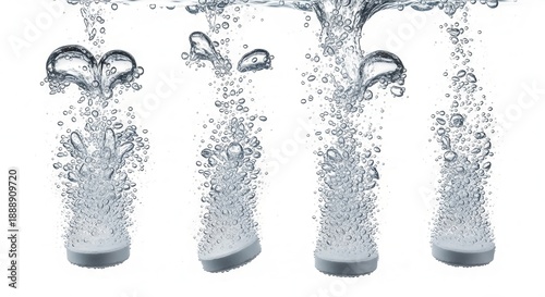 Effervescent tablets dissolving in water with rising bubbles on white background