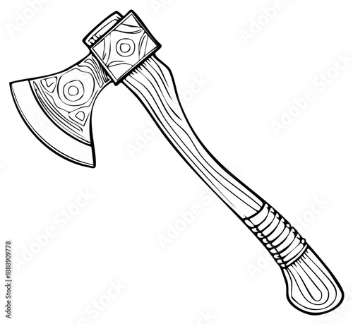 Illustration of a finely detailed medieval battle axe with intricate patterns and a carved wooden handle