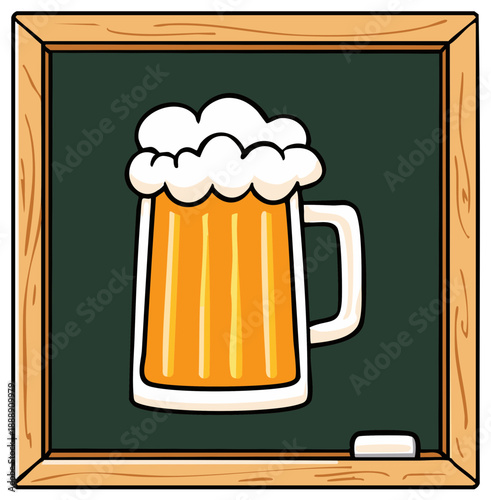Illustration of a frothy beer stein drawn on a traditional green chalkboard with wooden frame and chalk