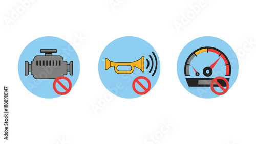 Illustrative graphic showing three important prohibitions for maintaining quiet operation including no loud engines no honking and no excessive engine revving