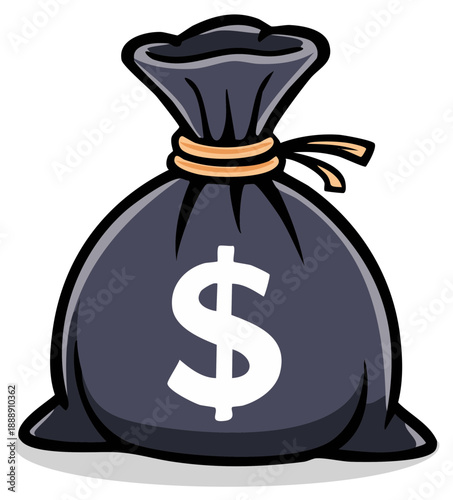 Cartoon illustration of a dark drawstring money bag with a prominent dollar sign