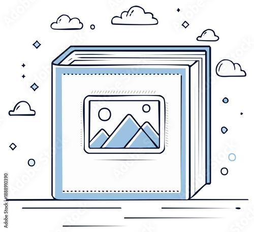 Open book with picture frame inside and floating clouds and stars illustration