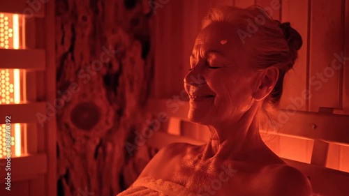 Relaxing Infrared Sauna Session: Serene Woman Enjoying Heat