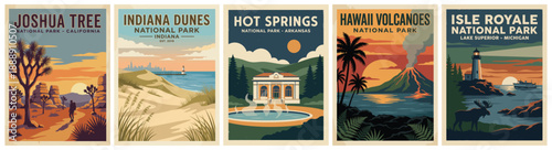 Vintage national park poster set. Joshua Tree, Indiana Dunes, Hot Springs, Hawaii Volcanoes, Isle Royale. Flat vector travel landscape illustrations. Retro wall art collection