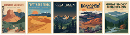 Vintage national park poster set. Guadalupe Mountains, Great Sand Dunes, Great Basin, Haleakala, Great Smoky Mountains. Flat vector travel landscape illustrations. Retro wall art collection