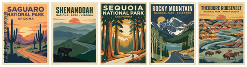 Vintage national park poster set. Saguaro, Shenandoah, Sequoia, Rocky Mountain, Theodore Roosevelt. Flat vector travel landscape illustrations. Retro wall art collection