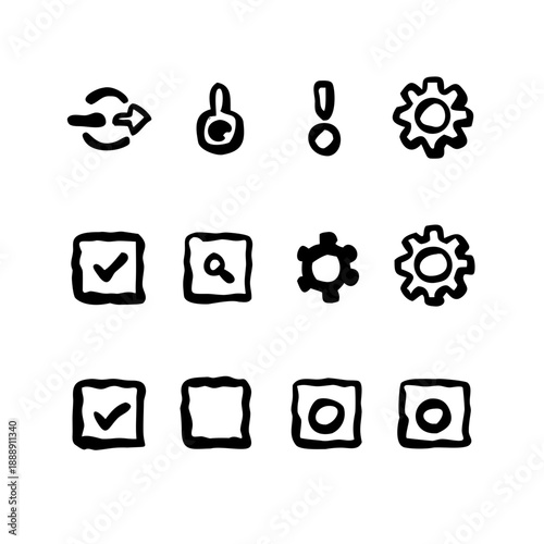 Hand-drawn setting and setup icons for configuration and adjustment