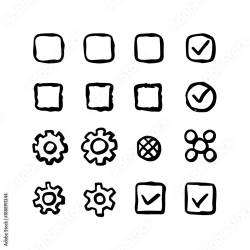 Hand-drawn setting and setup icons for configuration and adjustment