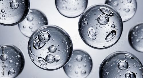 3D rendering of transparent liquid spheres with bubbles inside showcasing transparency and purity – ideal for luxury cosmetics branding