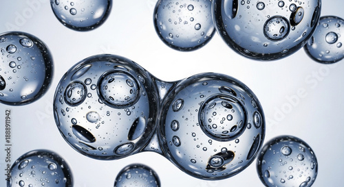 3D rendering of transparent liquid spheres with bubbles inside showcasing transparency and purity – ideal for luxury cosmetics branding