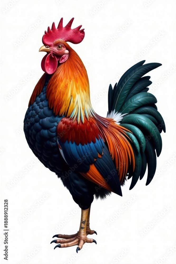 Fototapeta premium Magnificent rooster, vibrant plumage, isolated , wildlife, spurs, red comb
