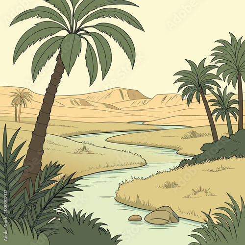 Lush desert river oasis landscape, clean vector art showcasing vibrant life amidst arid surroundings, a symbol of hope and renewal.