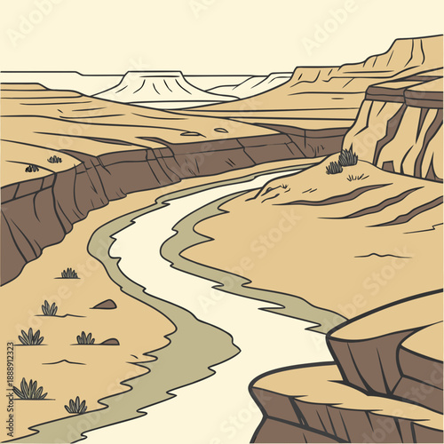 Striking desert plateau river cut landscape, modern flat vector art showcasing arid beauty and natural erosion, ideal for environmental themes.