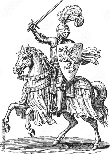 Medieval knight on horseback raising sword with heraldic shield and horse barding detailed line art
